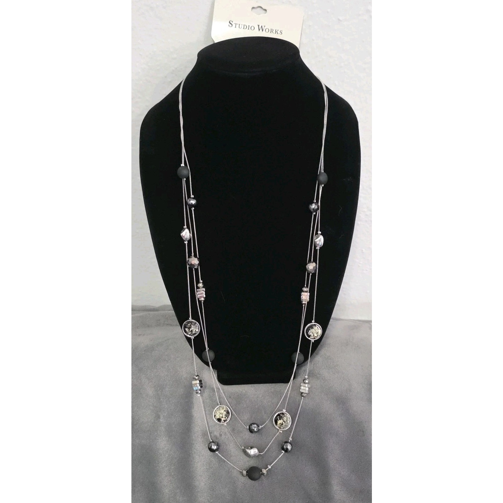 Studio Works Necklace Long Multistrand Layered Beaded Stations Black Silver Nwt